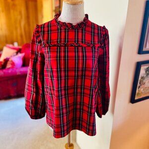 J. CREW Red, Black and Yellow Glen Plaid Ruffle Long Sleeve Blouse Top – XXS